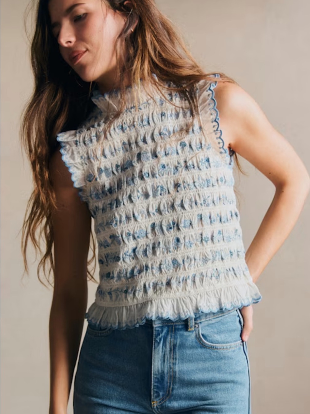 Sezane Samona Blouse Contrasting Blue Embroidery Ecru Background - Size 8